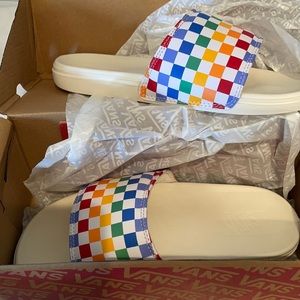 Rainbow checkered Vans slides